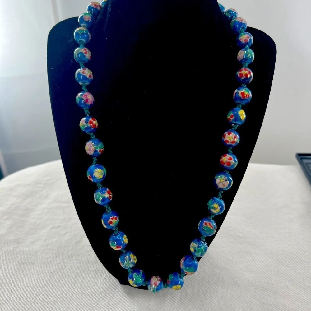 Vintage Blue Cloisonne Double Hand Knotted bead necklace and earrings
